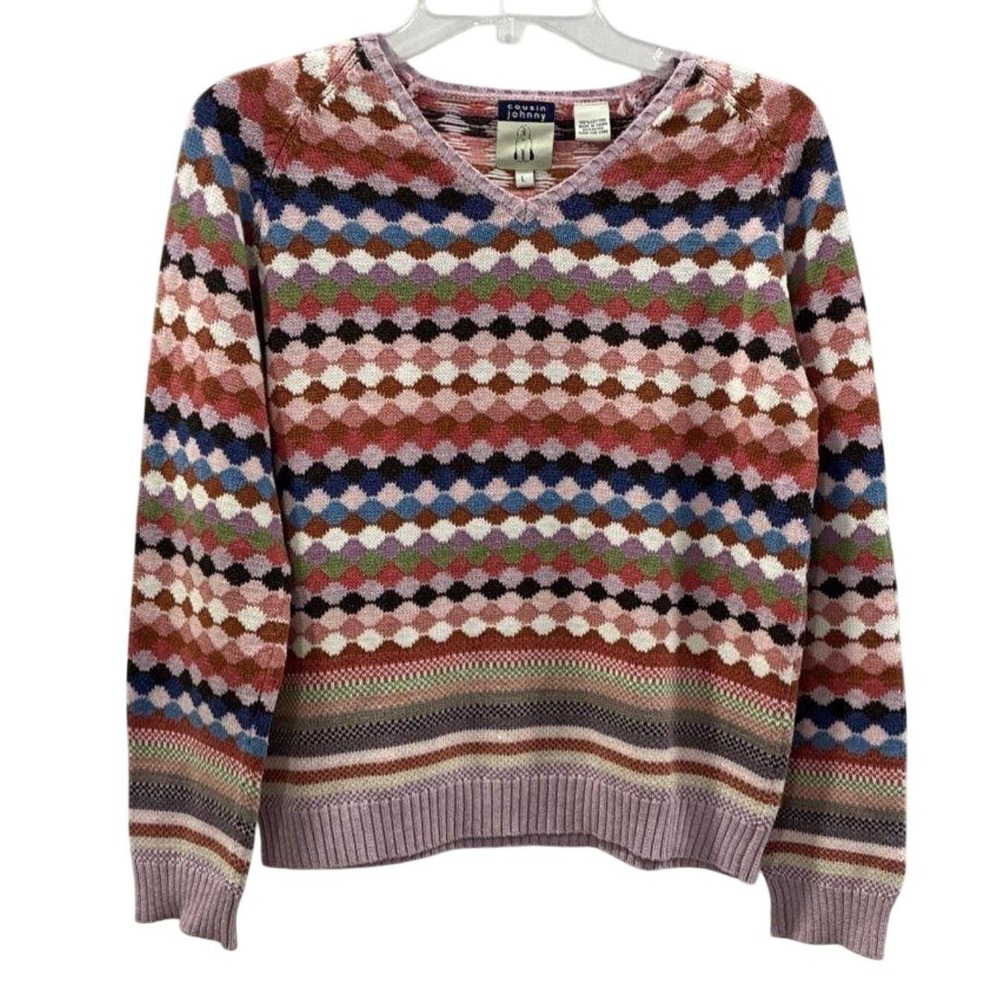 Cousin Johnny Womens Cotton Knit V-Neck Sweater Multicolor Geometric Diamond L